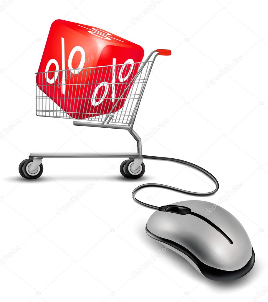 Computer mouse and a shopping cart with cube in it. concept of d