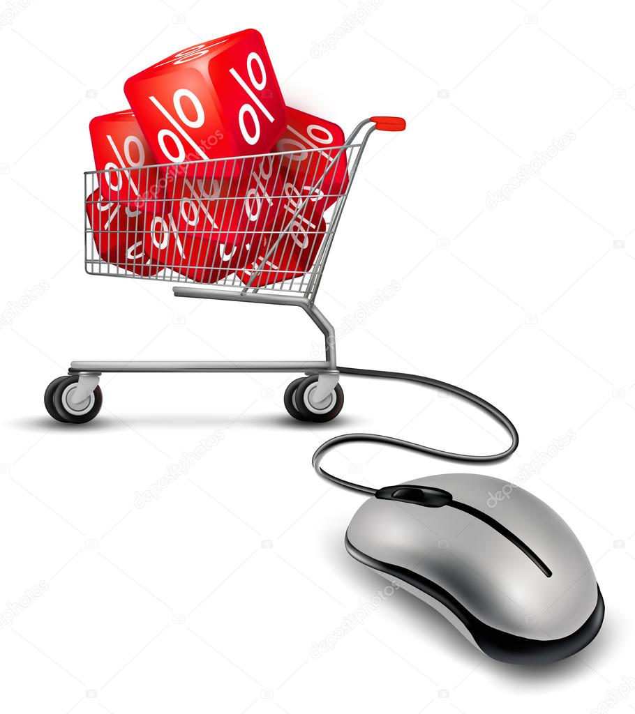 Computer mouse and a shopping cart with cube in it. concept of d