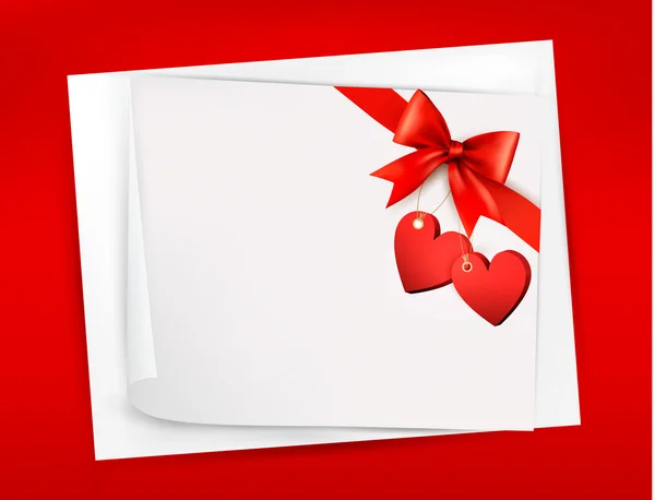 Fondo de San Valentín con arco de regalo rojo y dos corazones. Vector — Vector de stock