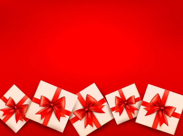 Fond de vacances rouge avec des boîtes-cadeaux et arc rouge. Vecteur illus — Image vectorielle