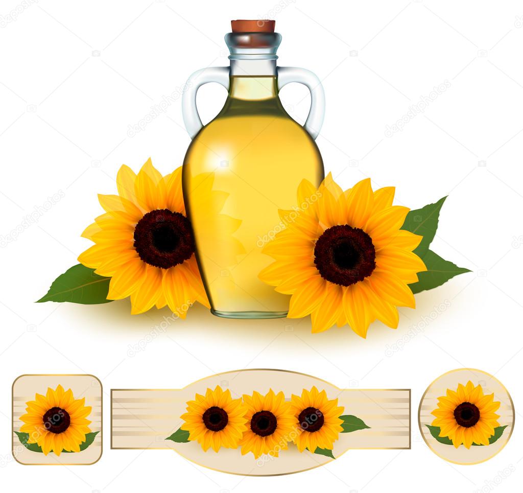 Bottle of sunflower oil with flower and labels sunflower oil. V — Stock