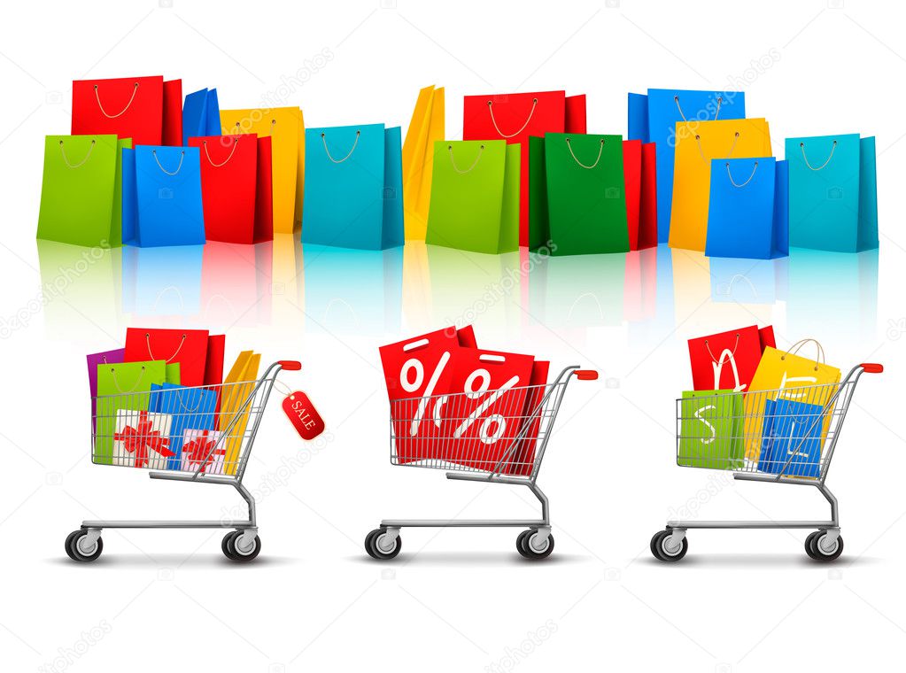 Background with shopping color bags and shopping carts with sale