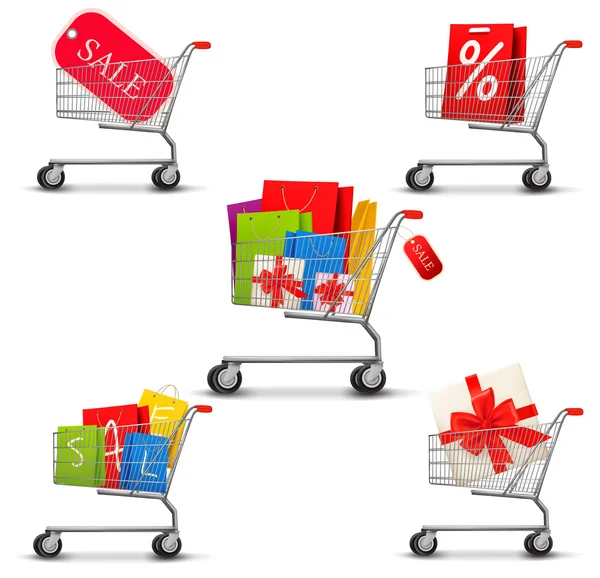 Collection of shopping carts full of shopping bags and a sale la — Stock Vector