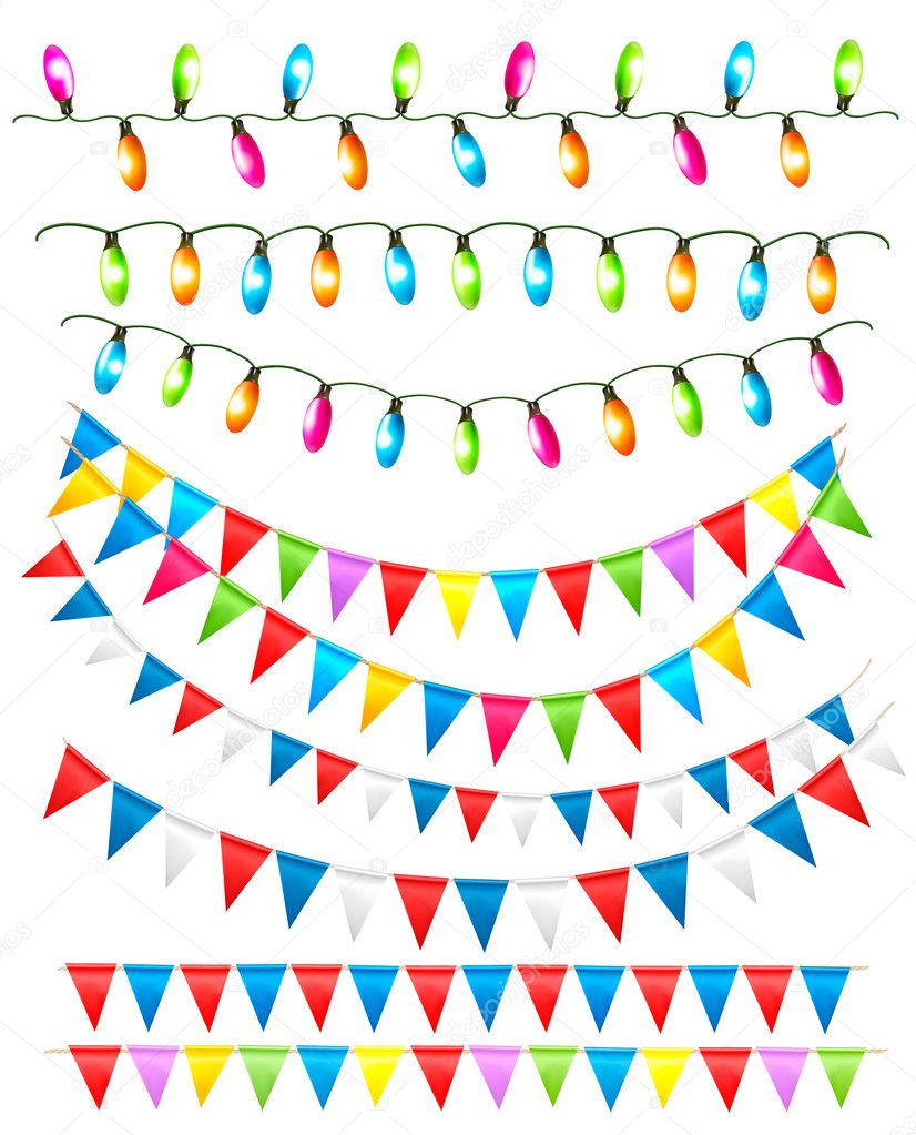 Strings of holiday lights and birthday flags white background. Vector illustration