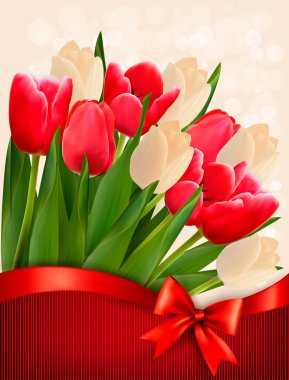 Holiday background with bouquet of red flowers with bow and ribb clipart