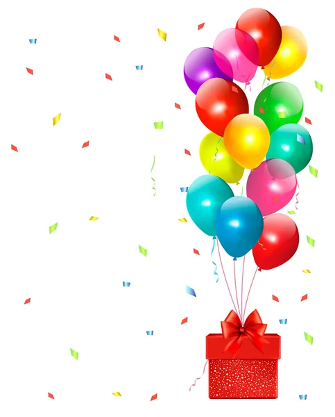 Vakantie achtergrond met kleurrijke ballonnen en doos van de gift. vector — Stockvector