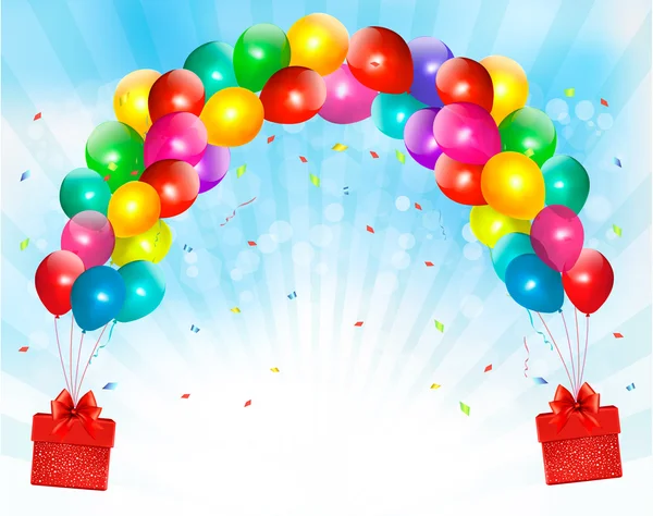 Renkli balonlar ve hediye kutularıyla tatil geçmişi. Vektör