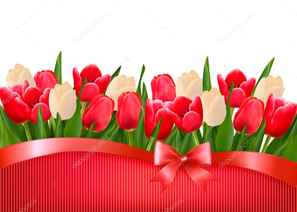 Holiday background with bouquet of red and white flowers with gi