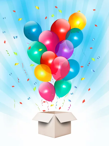 Fondo de vacaciones con globos de colores y caja abierta. Vector — Vector de stock