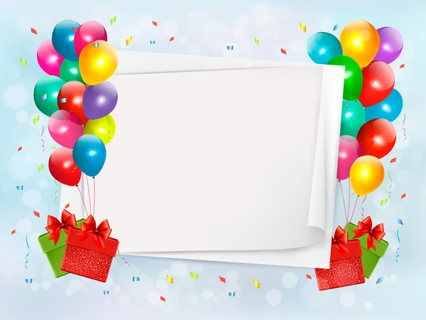 Fondo de vacaciones con globos de colores y cajas de regalo. Vector — Vector de stock