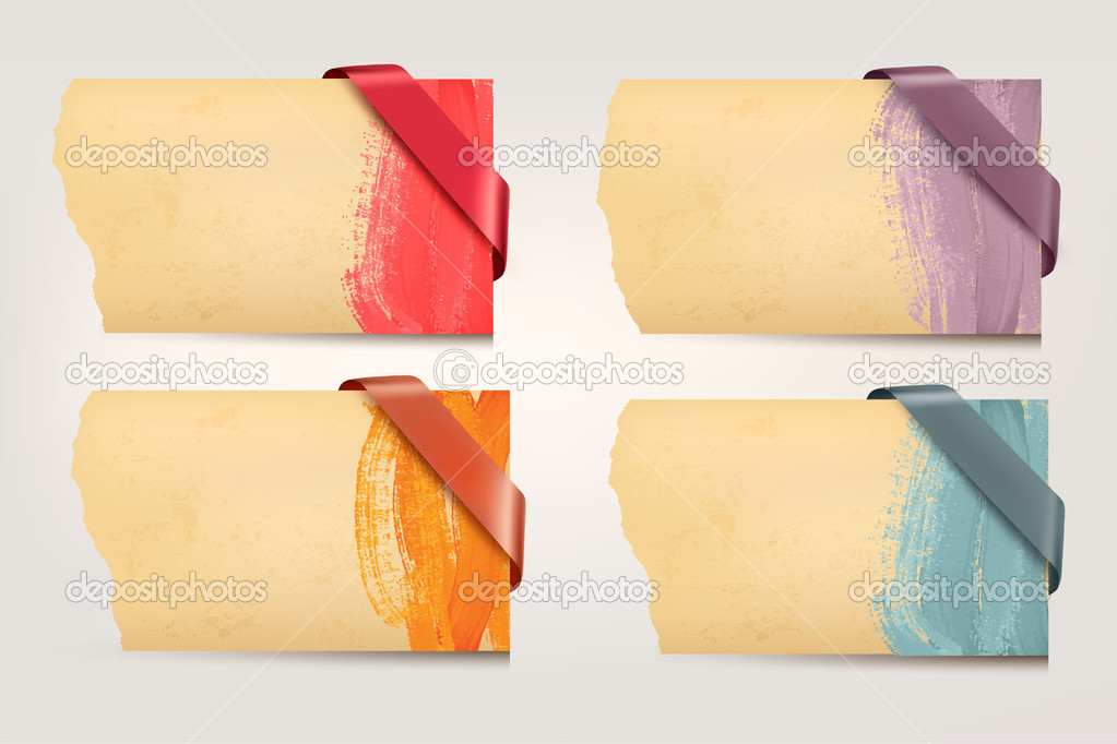 Collection of retro cardboard paper banners with color ribbon ta