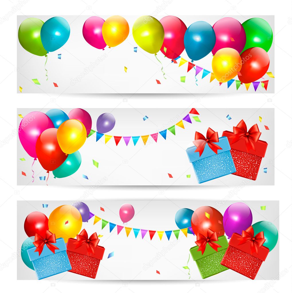 Holiday banners with colorful balloons and gift box. Vector.