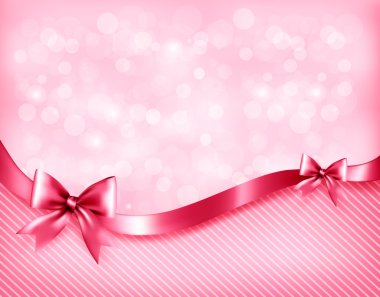 Holiday pink background with gift glossy bows and ribbon. Vector