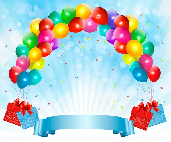 Διακοπές φόντο με πολύχρωμα μπαλόνια και κουτιά δώρων. Διάνυσμα — Διανυσματικό Αρχείο