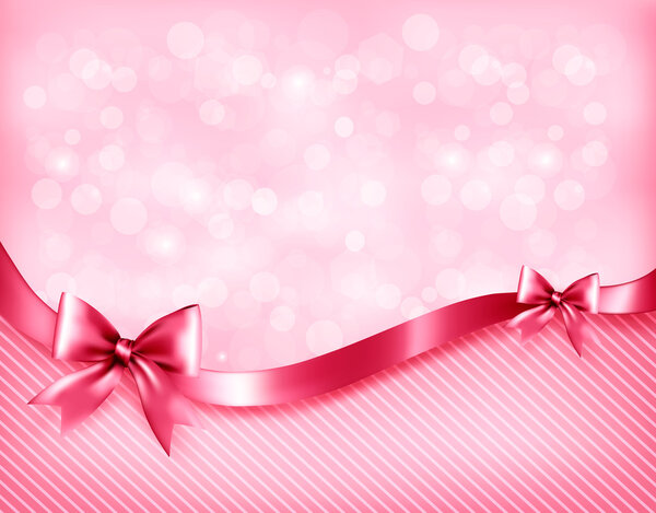 Holiday pink background with gift glossy bows and ribbon. Vector