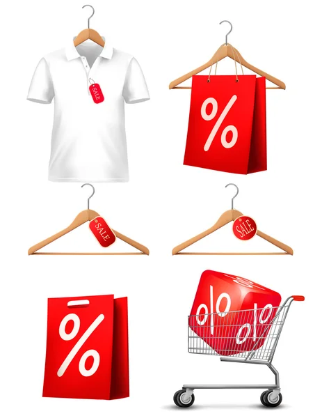 Appendiabiti con camicie con cartellino del prezzo. Concetto di sconto s — Vettoriale Stock