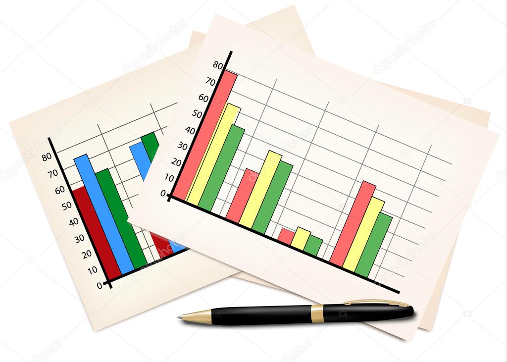 Business concept with finance graphs and black pen. Vector illus