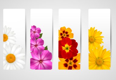 farklı renkli çiçekli afiş kümesi. vektör illustrati