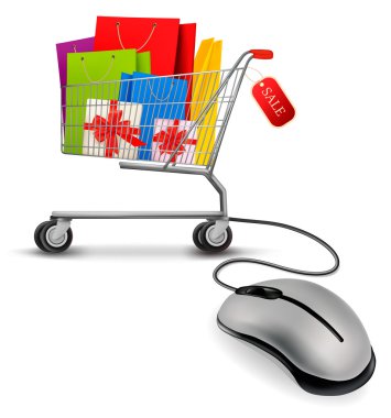alışveriş sepeti ve bilgisayar Mouse alışveriş torbaları. e kavramı-