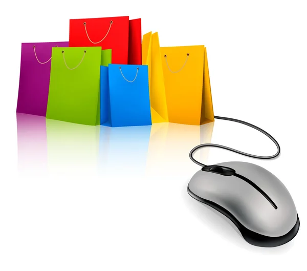 Compras bolsas de colores con VENTA en ellos. Concepto de descuento. V. — Vector de stock