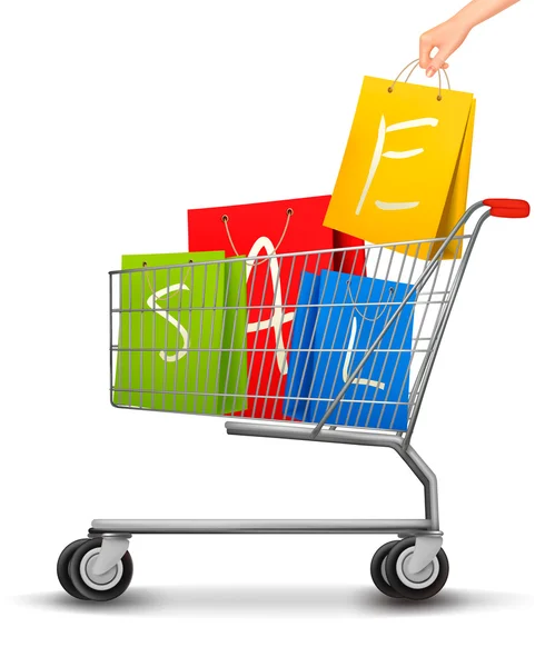 Carrito de compras lleno de bolsas de compras con una etiqueta de venta. Vector — Vector de stock