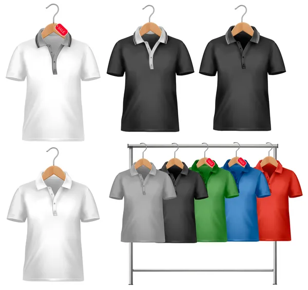 Modello di design t-shirt bianca e colorata. Appendiabiti con — Vettoriale Stock