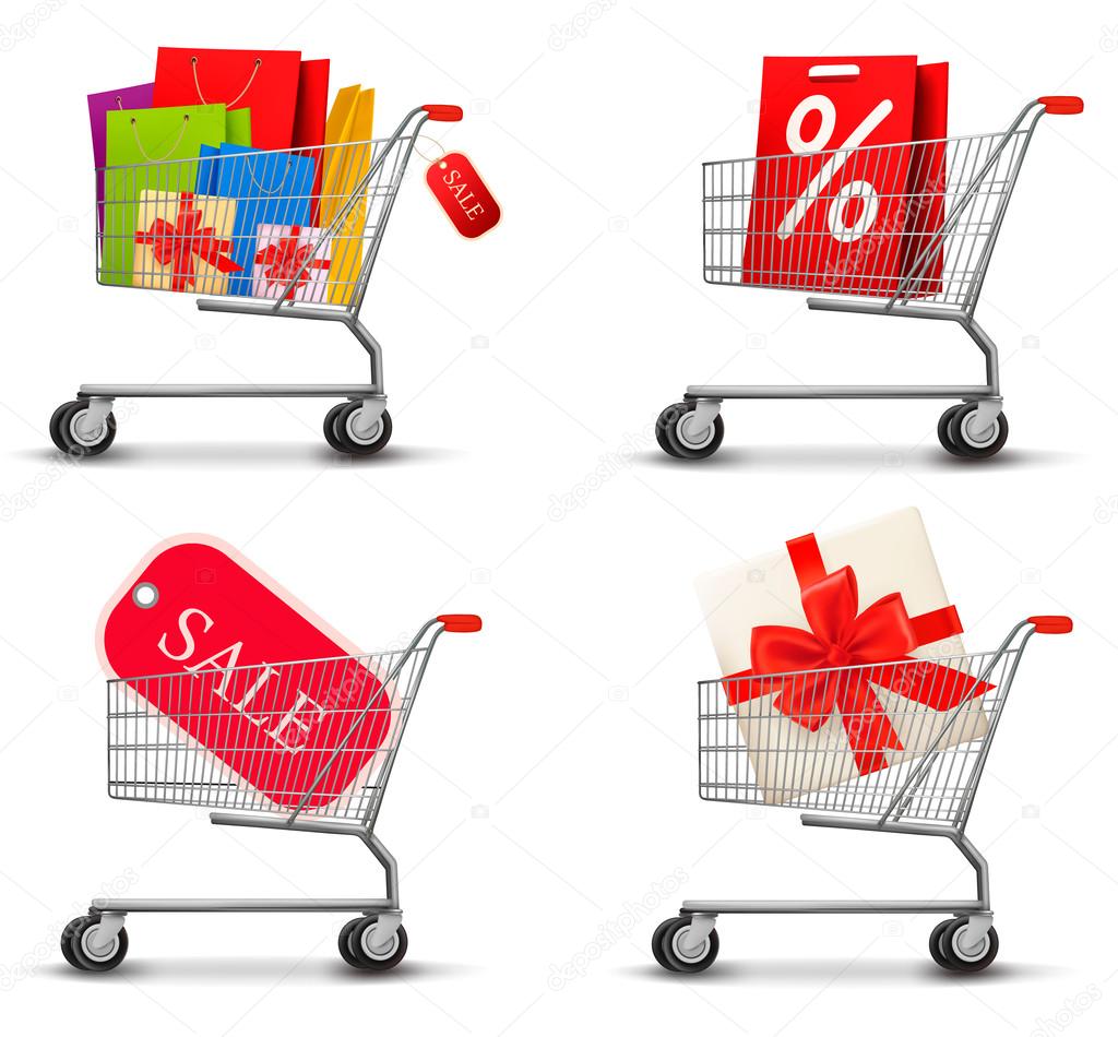 Collection of shopping carts full of shopping bags and gift boxe