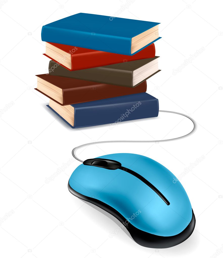 Stack of books and mouse. Online education and business concept.