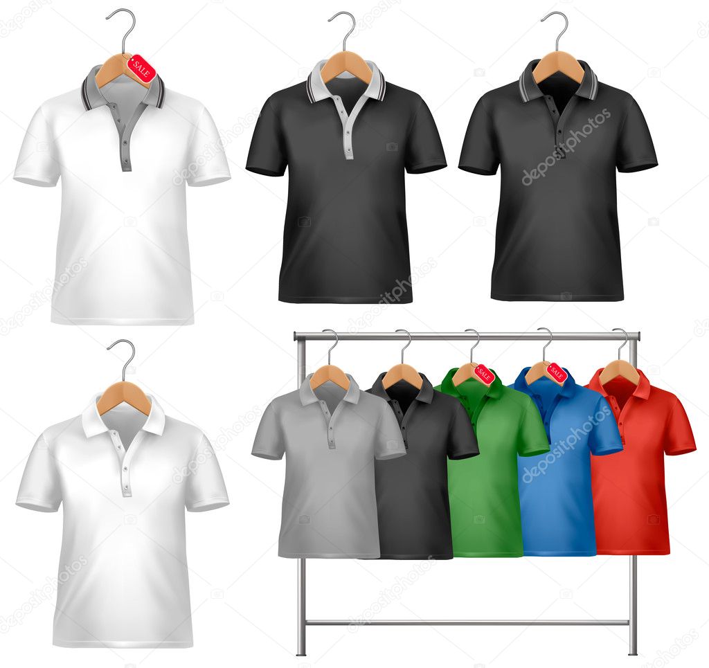 White and colorful t-shirt design template. Clothes hanger with
