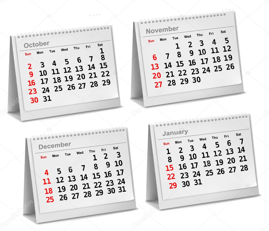 Desktop calendar October, November, December, January. Vector
