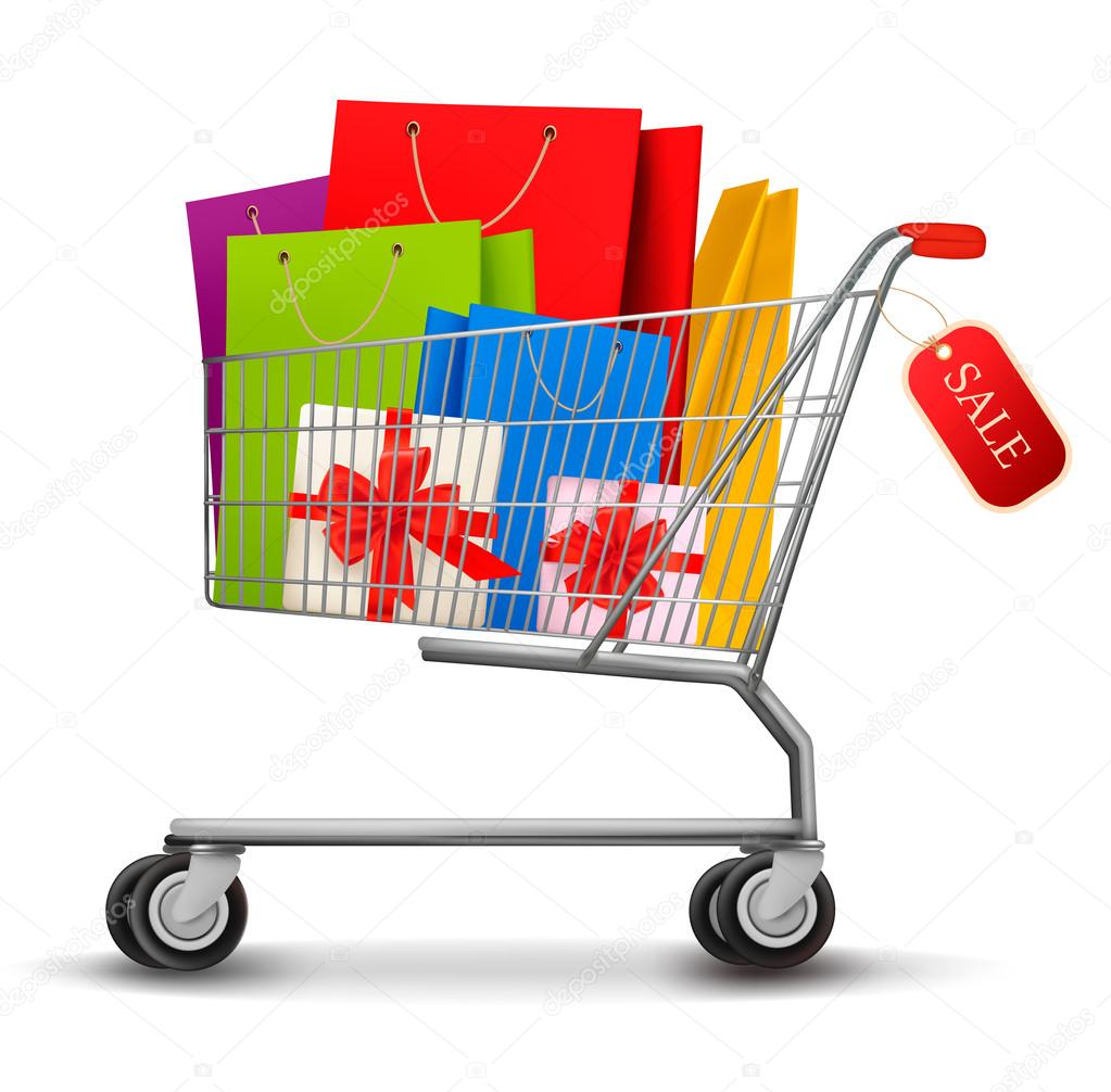 Shopping cart full of shopping bags and gift boxes. With a sale