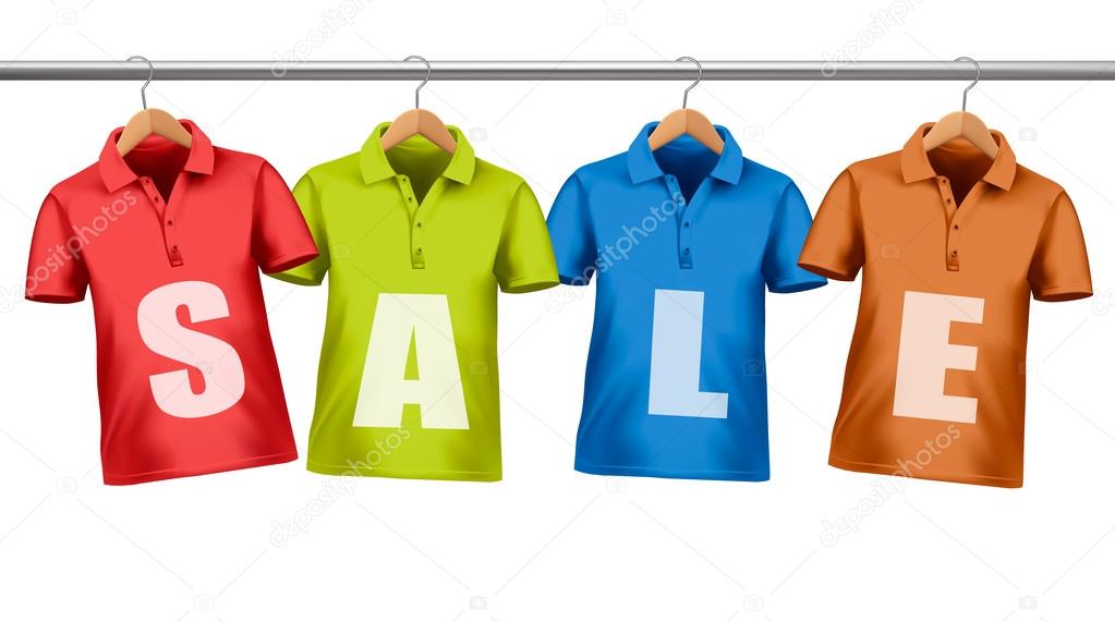 Shirts with price tags hanging on hangers. Concept of discount s
