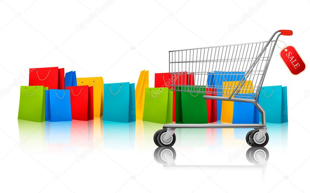 Background with shopping color bags and shopping cart with sale.
