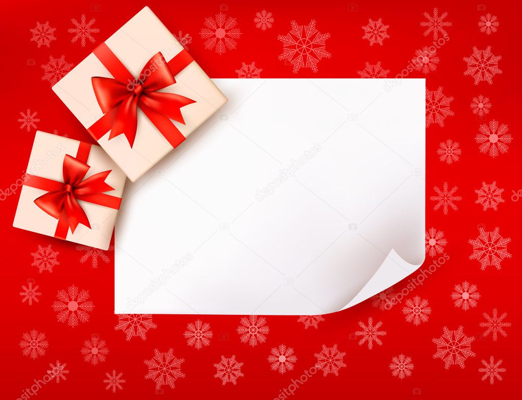 Christmas background with gift boxes and red bow. Vector illustr Stock