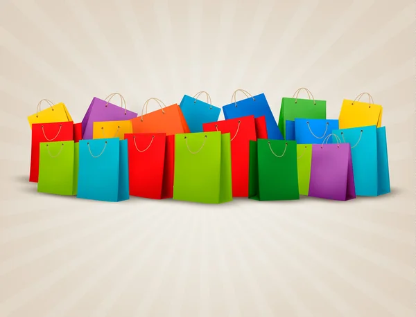 Fondo con bolsas de compras de colores. Concepto de descuento. Vector — Archivo Imágenes Vectoriales