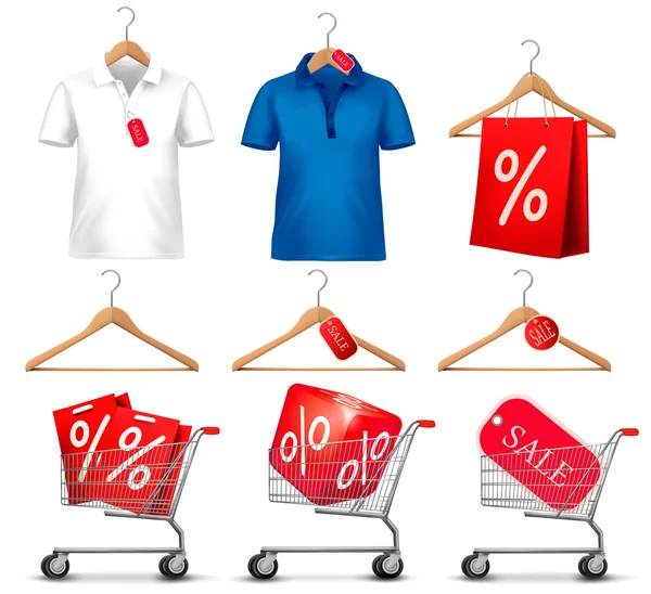 Percha de ropa con camisas con precio. Concepto de descuentos — Vector de stock