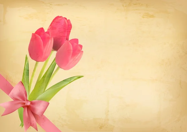 Διακοπές vintage φόντο με ροζ λουλούδια και δώρο τόξο. vecto — Διανυσματικό Αρχείο
