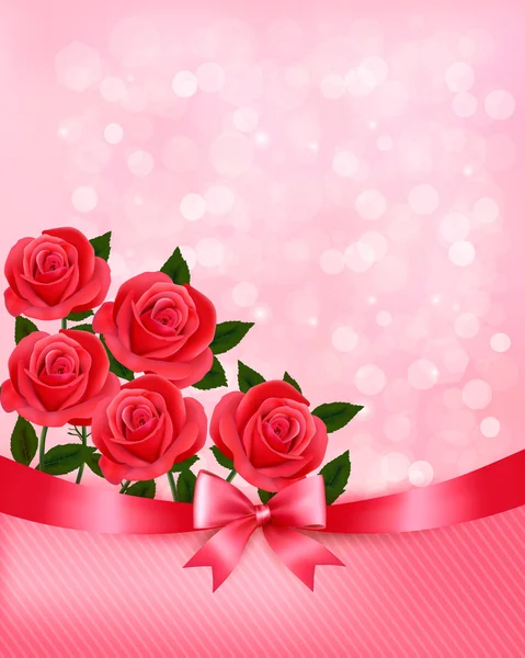 Holiday háttér csokor rózsaszín virágok íj és borda — Stock Vector