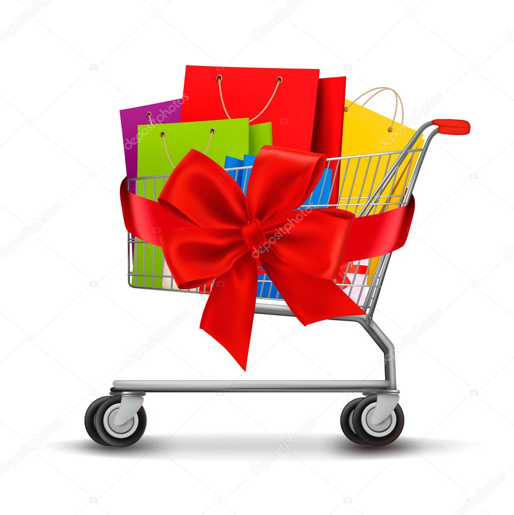Shopping cart full of shopping bags and a gift bow. Concept of d