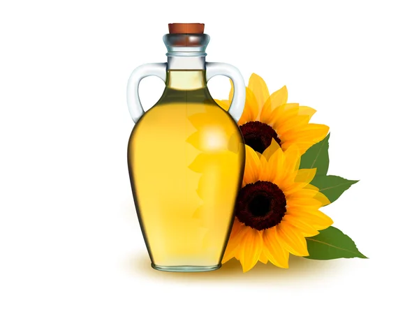 Flasche Sonnenblumenöl mit Blume. Vektorillustration. — Stockvektor