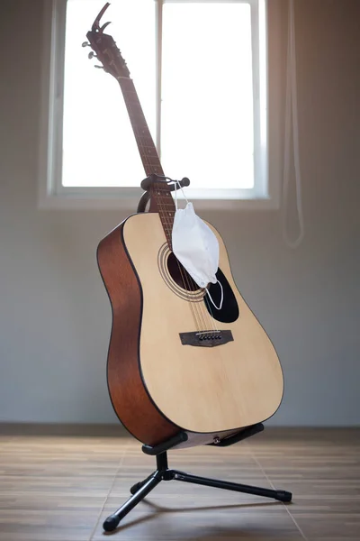 Acoustic Guitar Placed Room Window Mask Hanging — Stock Photo, Image