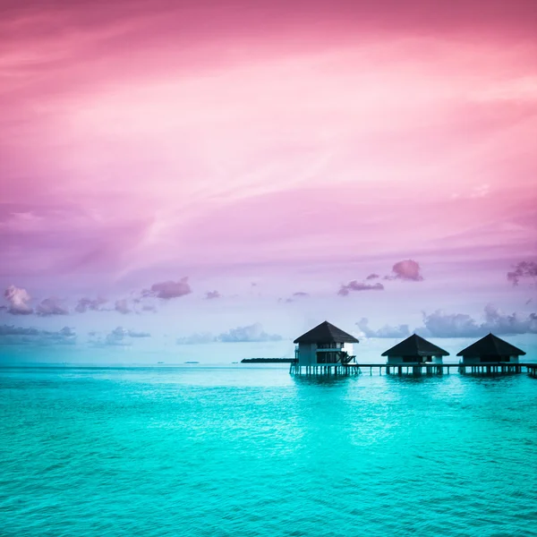 Over water bungalows met stappen in verbazingwekkend groene lagune — Stockfoto