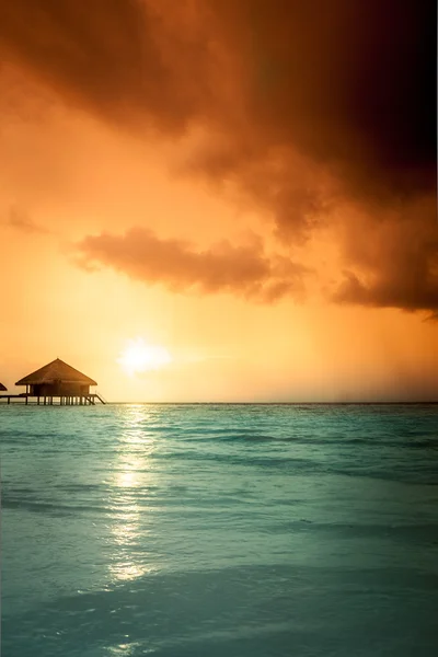 Bungalows sobre el agua con escalones hacia la increíble laguna verde —  Fotos de Stock