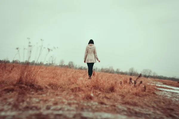 Chica joven caminando en el campo de hierba —  Fotos de Stock