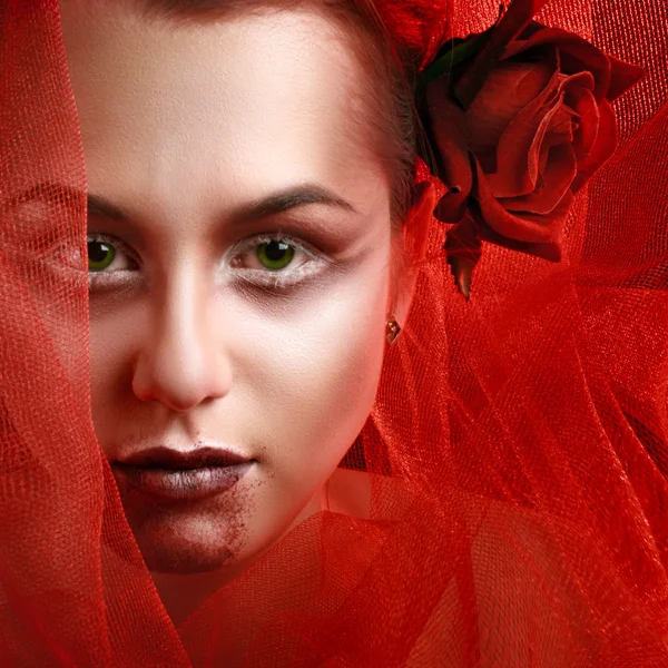Portrait of beautiful gothic girl with rose and blood. blood — Stock Photo, Image