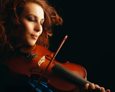 Violin playing violinist musician. Woman classical musical instrument player on black clipart