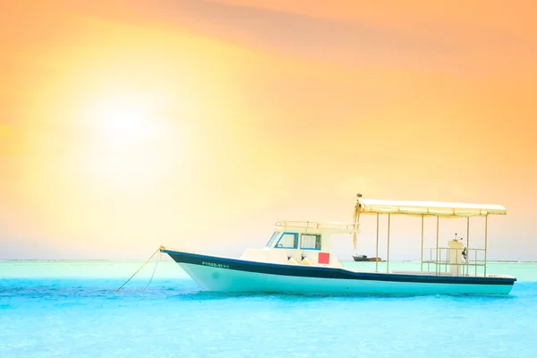 Yacht sailing against sunset — Stock Photo, Image