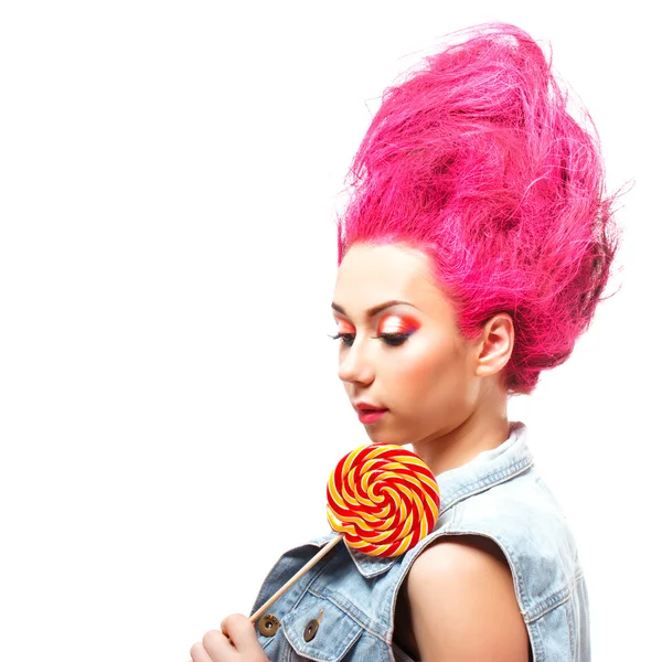 Woman licks candy — Stock Photo, Image