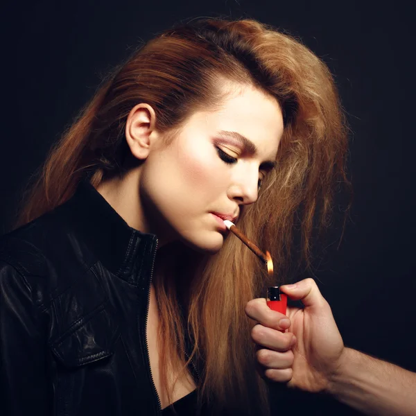 Woman with Cigarette Exhaling Smoke — Stock Photo, Image