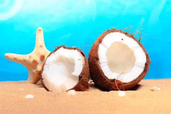 Chopped coconut on sea-beach background — Stock Photo, Image